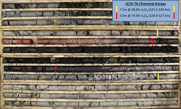 LE20-76 Core Photo of High-Grade Uranium Mineralization