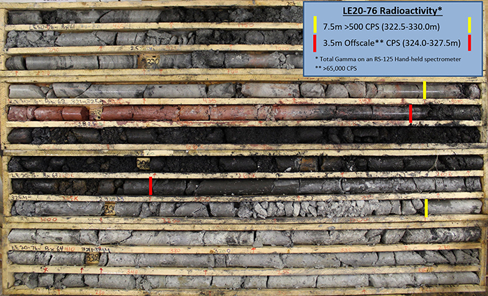 Core Photo of Mineralization in Drill Hole LE20-76