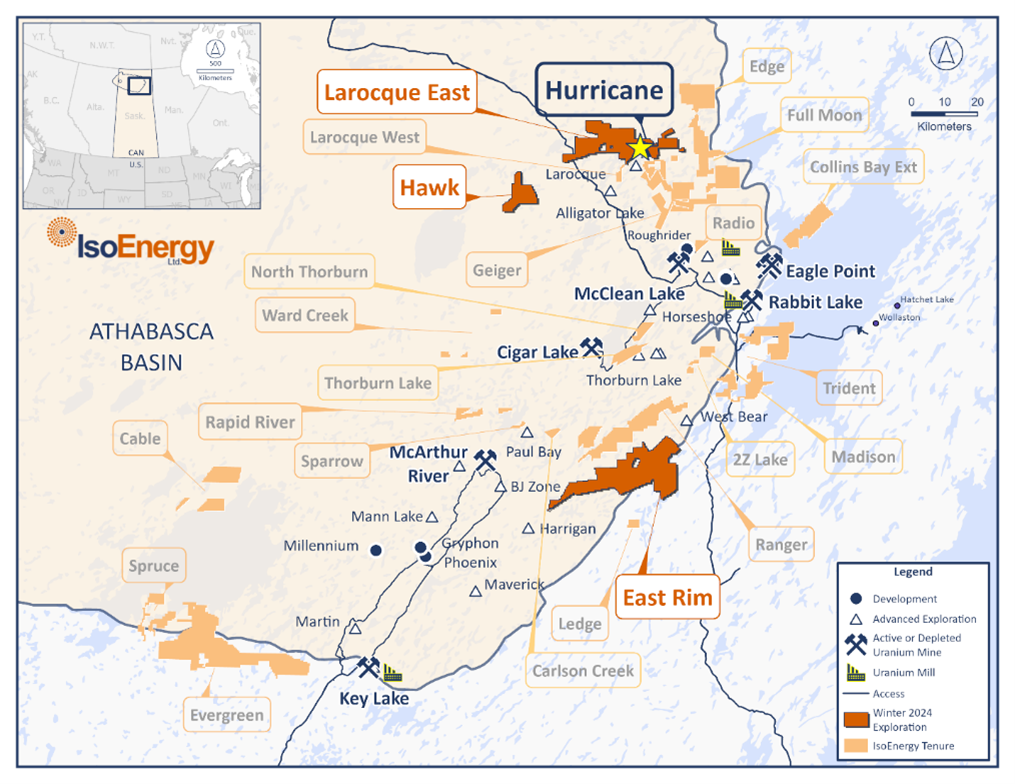 Location of IsoEnergy’s Hurricane deposit and exploration projects in the eastern Athabasca Basin, including the Laroque East, Hawk and East Rim projects on which work was completed in the winter of 2024.