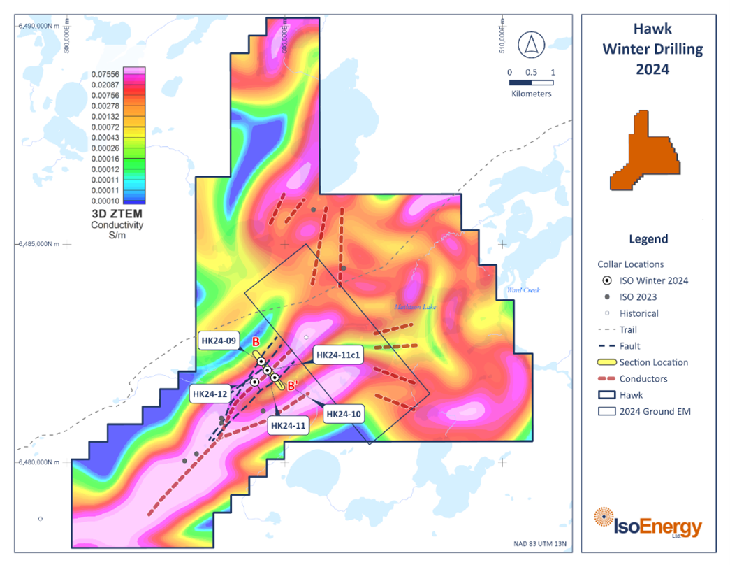 Hawk plan showing conductors interpreted from 2023 ground EM surveys, drill hole locations, and drill-intersected faults. Also shown is the area of the winter 2024 fixed loop SQUID ground EM survey.
