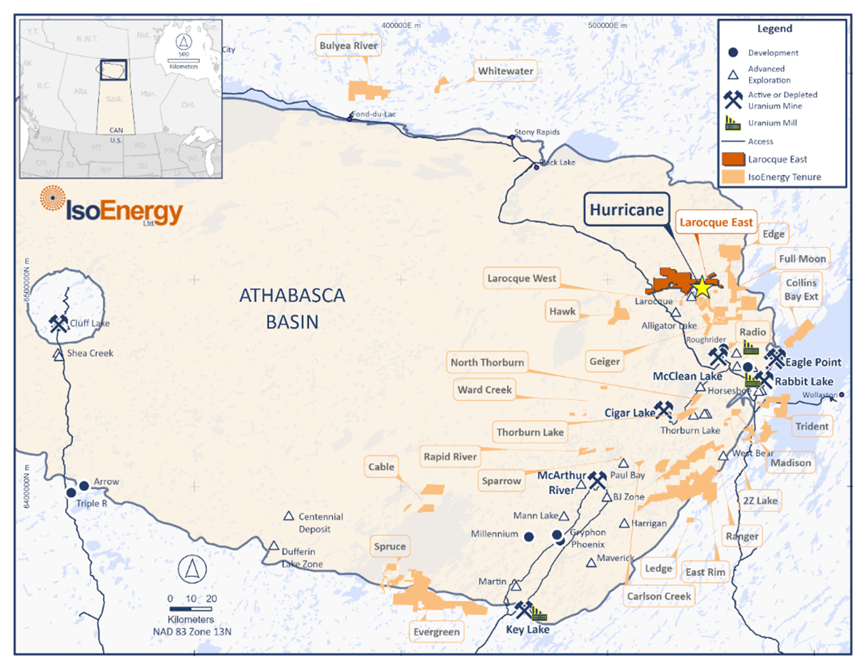 Location map of the Hurricane deposit and IsoEnergy exploration projects in the eastern Athabasca Basin.