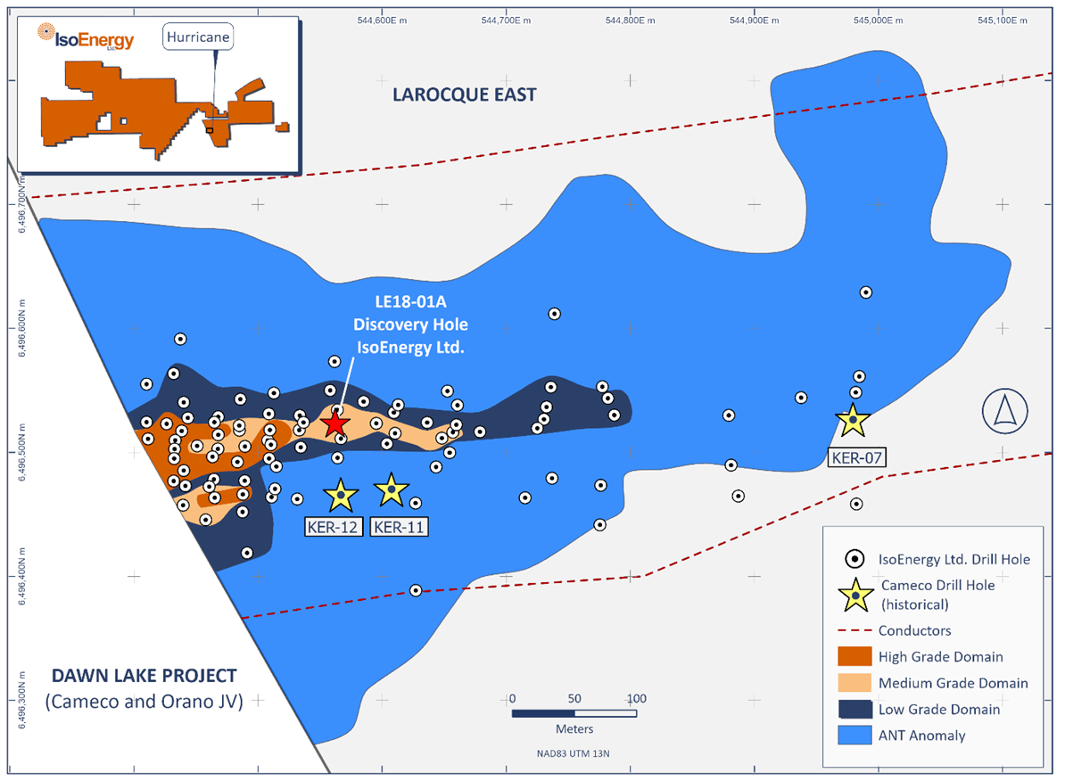 The Hurricane deposit footprint illustrating the close proximity of the three pre-discovery drill holes (KER-07, 11 & 12) and the IsoEnergy discovery drill hole LE18-01A within the ANT Anomaly.