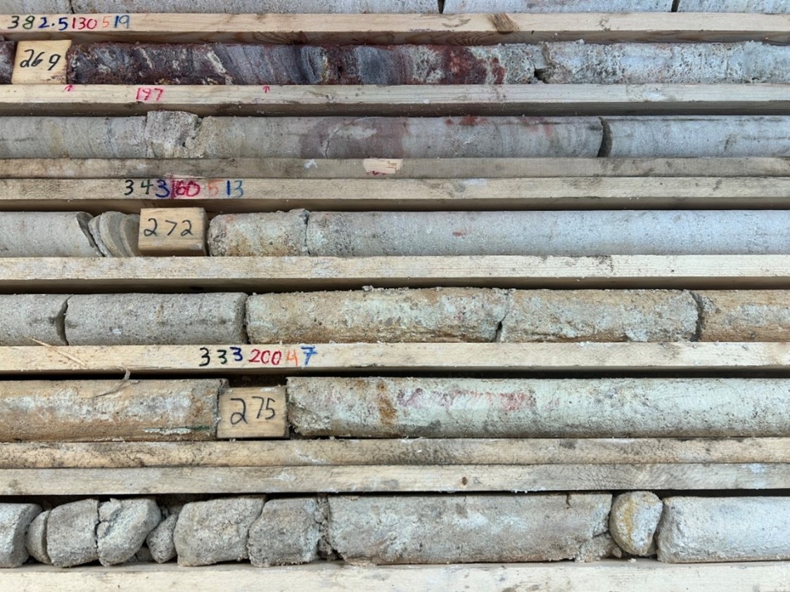 Altered sandstone 12 to 20 metres above the unconformity in Target Area B (LE24-181, 269.0- 276.7m). The core is strongly bleached with intervals of desilicification, strong clay alteration (lower three rows) and local secondary hematite (patchy in upper two rows). Mineral spectroscopy results are pending.